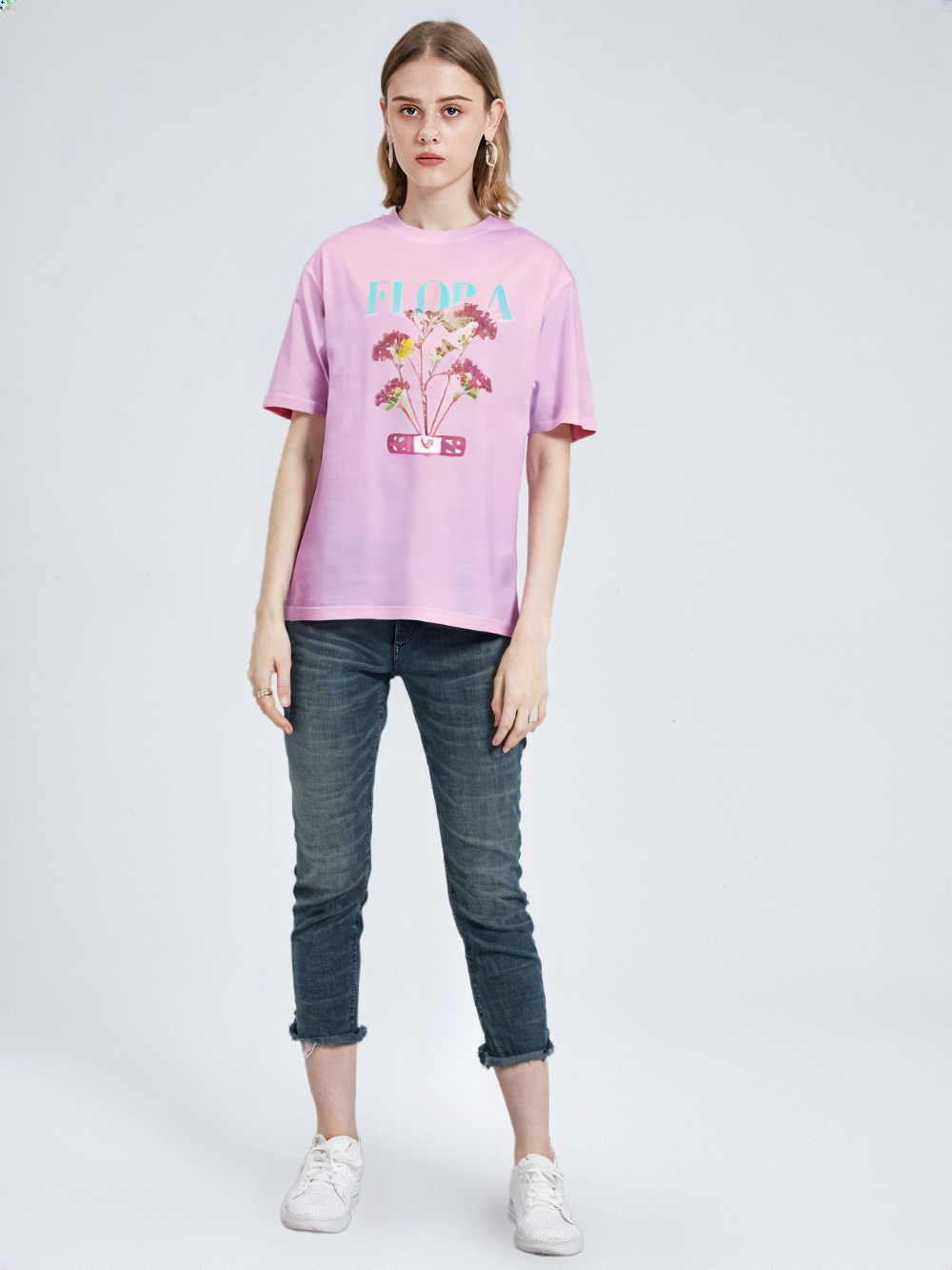 Female Oversized Standard T-Shirt - Black & Light Baby Pink Flower Design, 180 GSM, 100% Cotton
