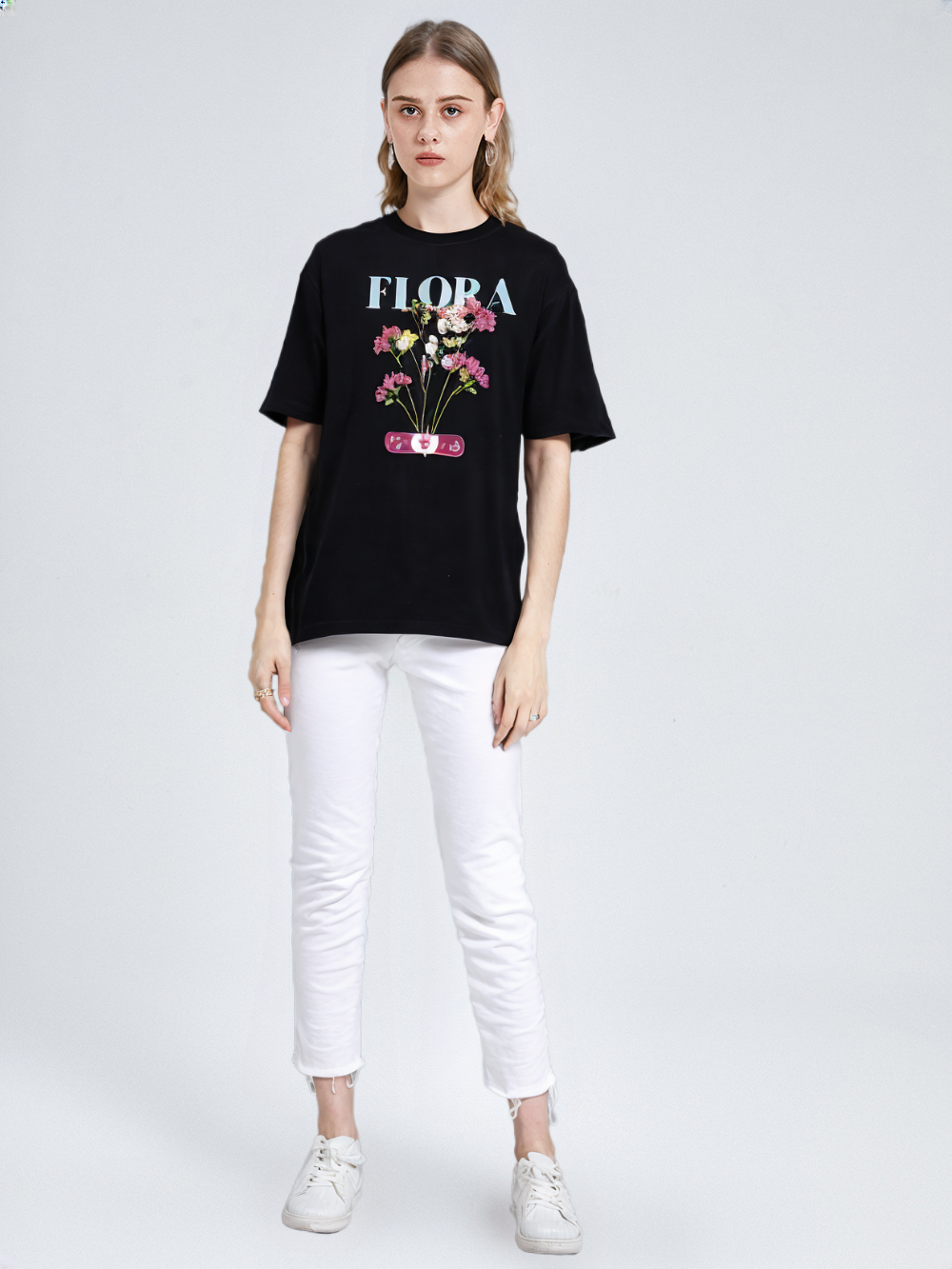 Female Oversized Standard T-Shirt - Black & Light Baby Pink Flower Design, 180 GSM, 100% Cotton