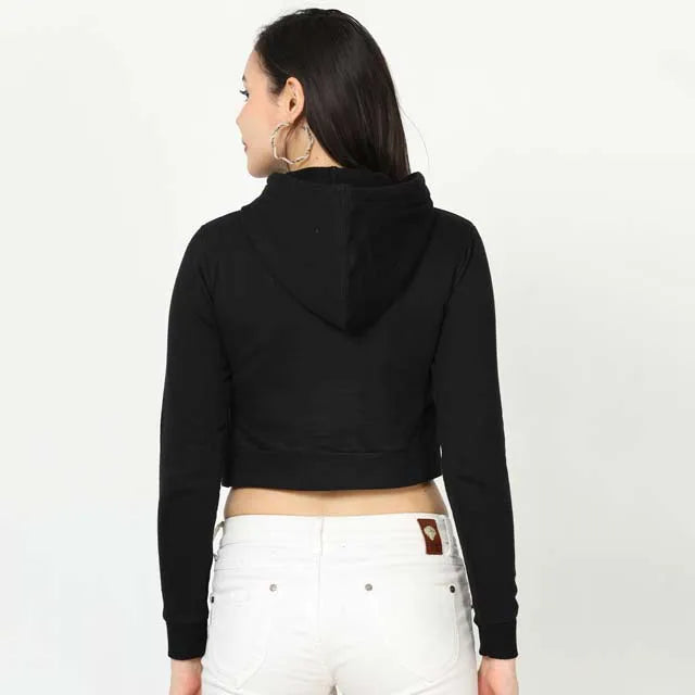 Female Cropped Hoodie - Black Colour | Sizes S, M, L, XL, XXL | 320 GSM, 100% Cotton, Derby Ribbed Hem & Cuff