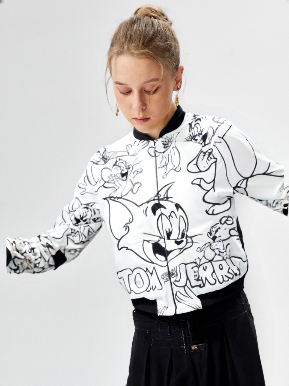 Women's AOP Bomber Jacket, White, Tom and Jerry Design, XS to XXL, 240 GSM