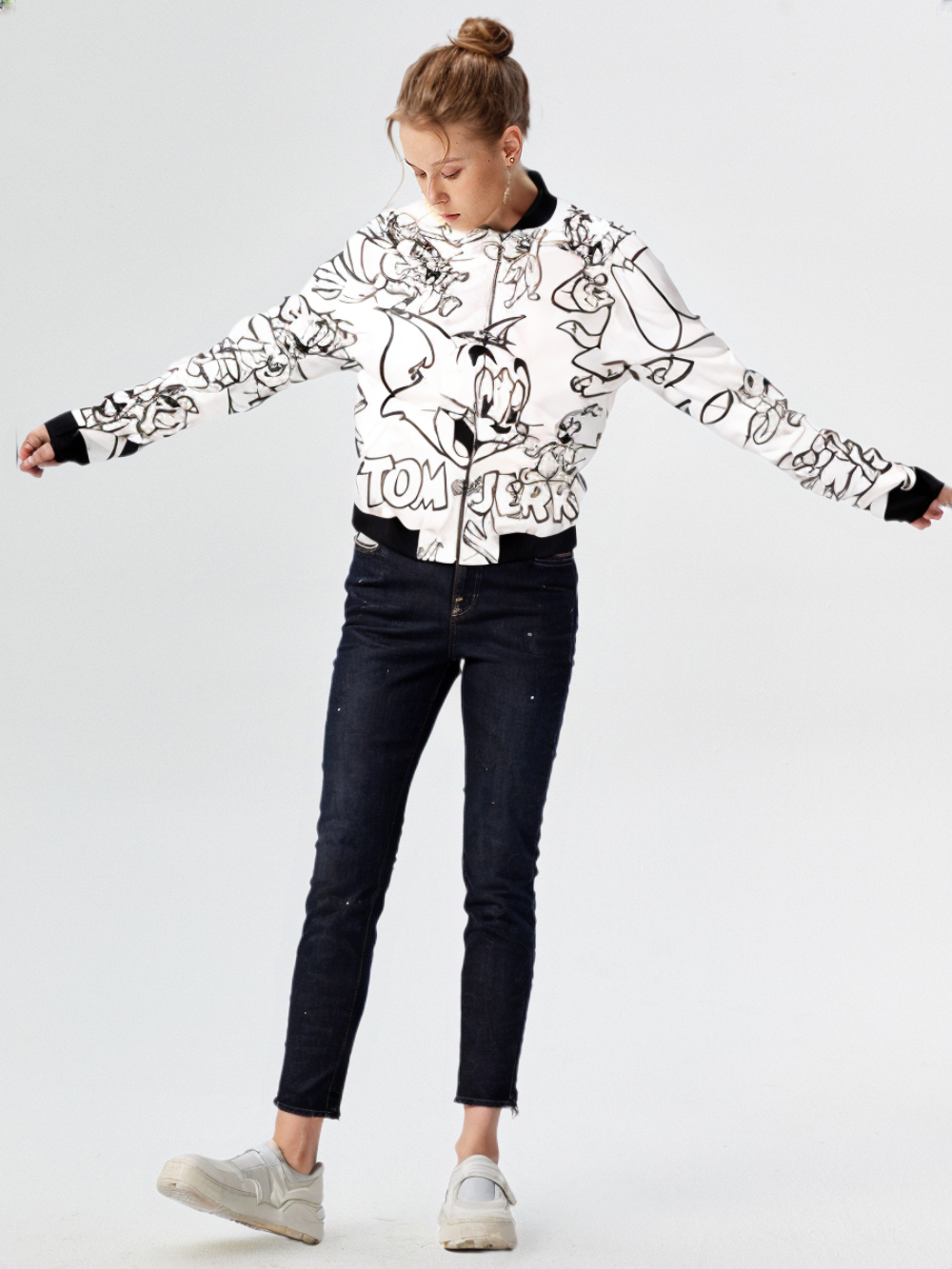 Women's AOP Bomber Jacket, White, Tom and Jerry Design, XS to XXL, 240 GSM