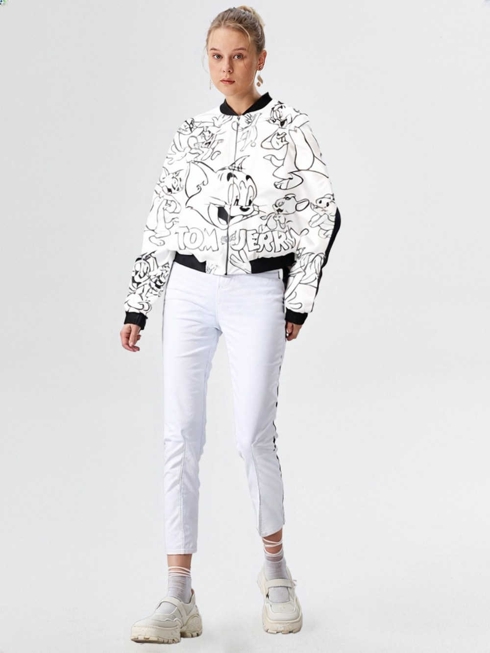Women's AOP Bomber Jacket, White, Tom and Jerry Design, XS to XXL, 240 GSM