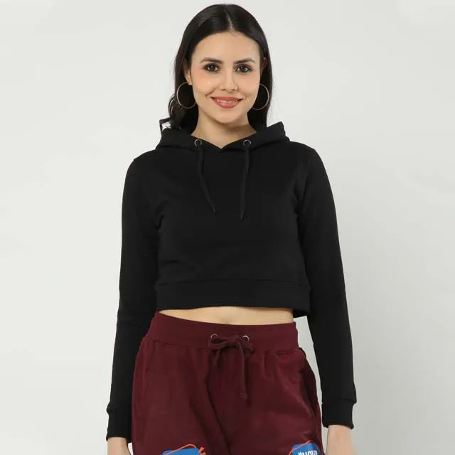 Female Cropped Hoodie - Black Colour | Sizes S, M, L, XL, XXL | 320 GSM, 100% Cotton, Derby Ribbed Hem & Cuff