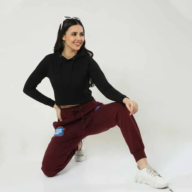 Female Cropped Hoodie - Black Colour | Sizes S, M, L, XL, XXL | 320 GSM, 100% Cotton, Derby Ribbed Hem & Cuff